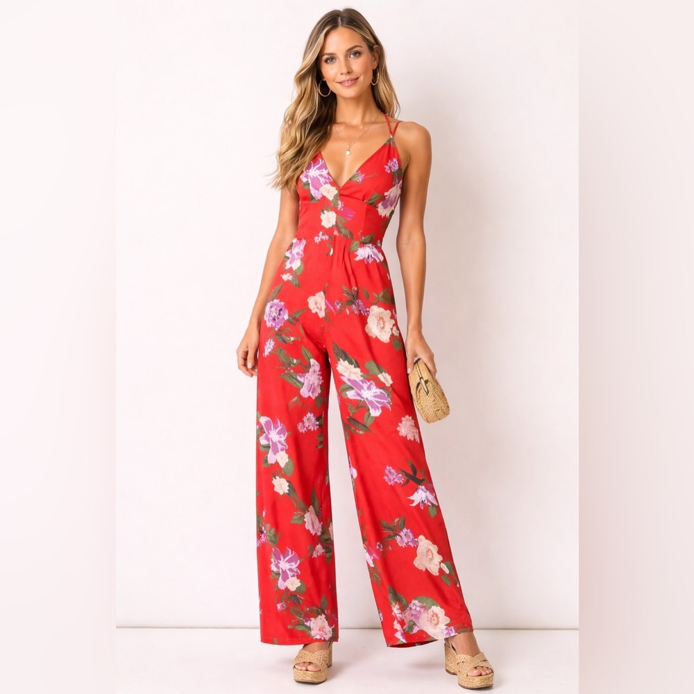 Astr Red Floral Jumpsuit crisscross back , wide leg size XS